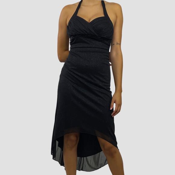 Vintage Black Glitter Asymmetrical Ruched Halter Neck Dress Sz Medium - Picture 1 of 8